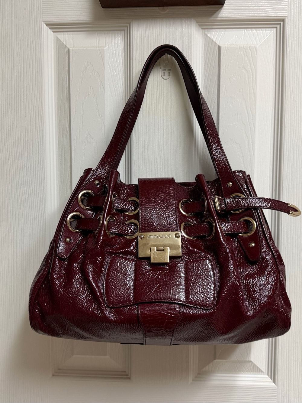 Jimmy Choo Deep Wine Leather Shoulder Bag with Gold Hardware